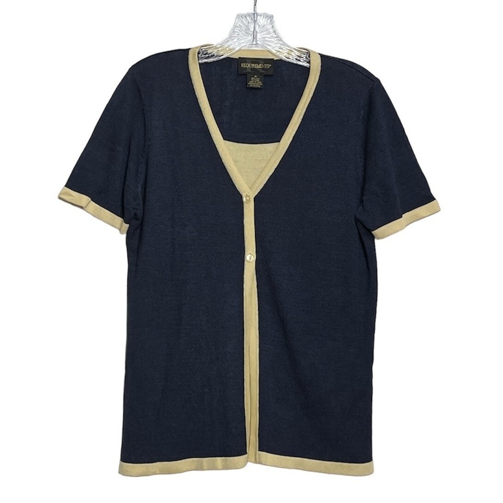 Requirements Navy Blue Beige Silk Button Front Short Sleeve Cardigan‎ Top M